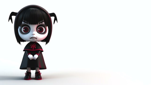 3D rendering of a cute vampire girl with black hair, red eyes, and a black dress.