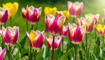 sunny spring day very beautiful tulips of a grade tom pouce with pink yellow petals reach for the sun in total on a green background of a lawn