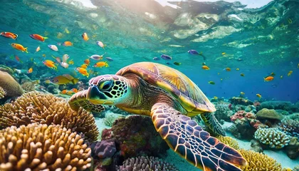 Foto op Plexiglas green sea turtle on coral reef with tropical fish 3d render green sea turtle swimming around colorful coral reef formations in the wild generated © RichieS