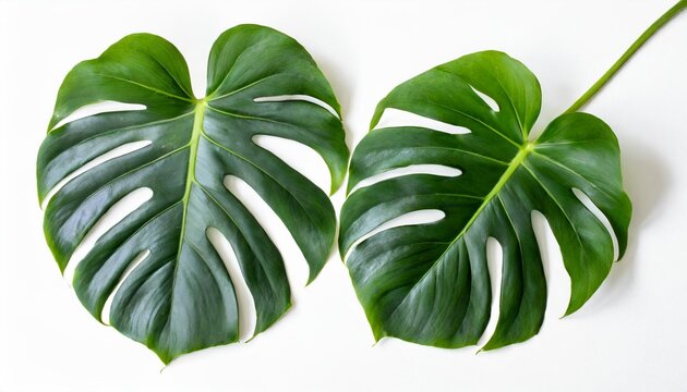 two monstera plant leaves the tropical evergreen vine top view flat lay isolated on white background