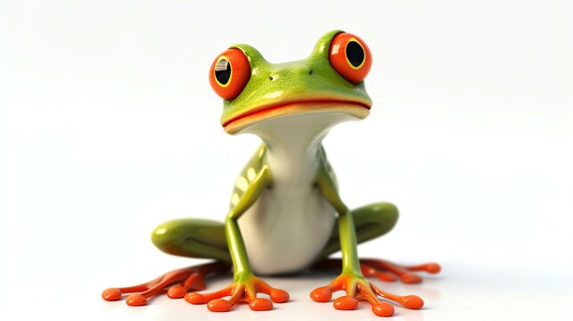 A cute and colorful 3D rendering of a green frog with red eyes. The frog is sitting on a white background and looking at the camera.
