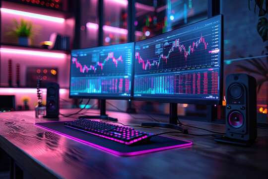 Night office of a company of traders with monitors with graphs and charts