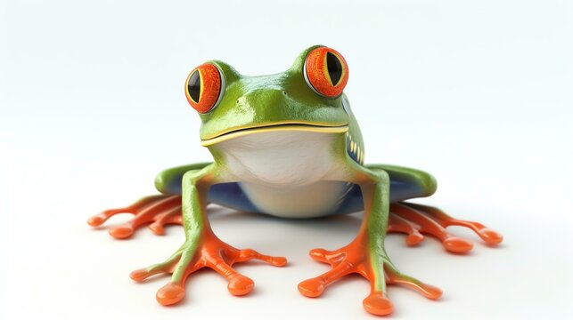 A cute green frog with red eyes is sitting on a white background. The frog is looking at the camera with a curious expression.
