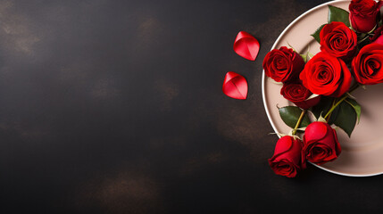 Valentines day table place setting with red roses and white plate on dark background. Copy space. - Powered by Adobe