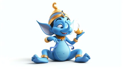 Cute blue cartoon elephant sitting on the floor with a golden genie lamp in his trunk. The elephant is wearing a golden hat and has big ears. - obrazy, fototapety, plakaty