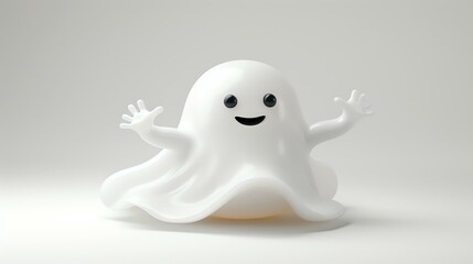 A cute and friendly ghost with a happy expression on its face. The ghost is white and has a round body with two arms and two legs.