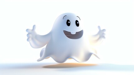A cute and friendly ghost is floating in the air. It has a big smile on its face and its arms are...