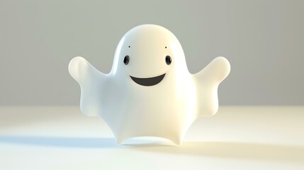 3D rendering of a cute and friendly ghost. The ghost is white and has a simple, happy face with two eyes and a smile.
