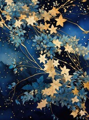 A painting featuring intricate blue and gold leaves set against a deep blue backdrop, creating a striking contrast and elegant composition.