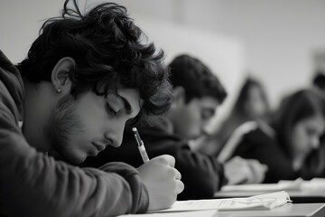 Young adults concentrating in a classroom during an exam assignment in progress. Concept Exams, Concentration, Classroom, Young Adults, Education