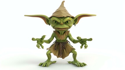 3D rendering of a cute green goblin. The goblin is wearing a brown hat and a brown loincloth. It has large ears and sharp claws.