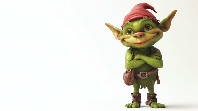 This is an image of a cute and friendly green goblin. He is wearing a red hat and brown boots, and has a brown belt with a bag hanging from it.
