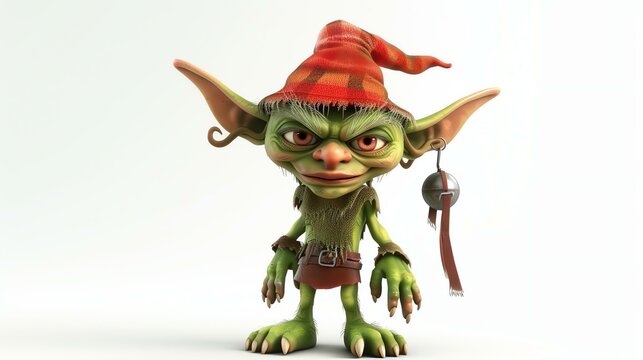 A cute green goblin wearing a red hat is standing on a white background. The goblin has pointy ears, a big smile, and a mischievous look in his eyes.