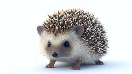 A cute baby hedgehog with big black eyes and a tiny pink nose. It is standing on a white background and looking at the camera.