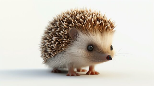 A cute and cuddly hedgehog is standing on a white background. The hedgehog is looking at the camera with its big, black eyes.