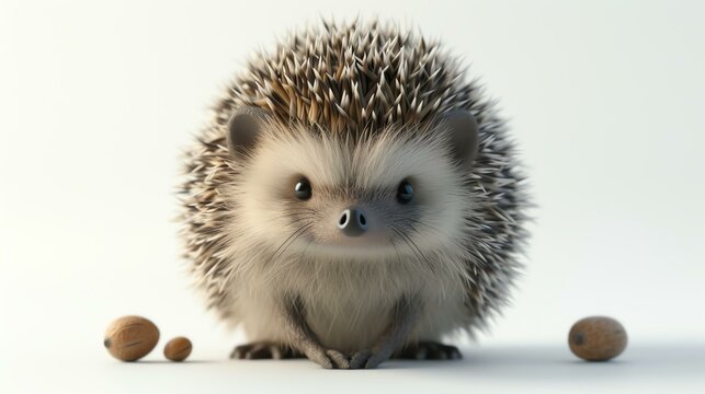 A cute and adorable baby hedgehog sits on a white background. The baby hedgehog is looking at the camera with its big, round eyes.