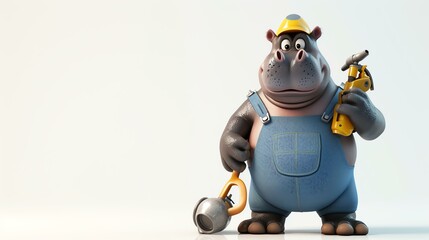 A happy cartoon hippo wearing a hard hat and carrying a tool belt is standing on a white background.