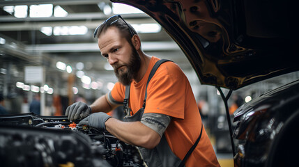 A men worker working on automobile factory, production line working time