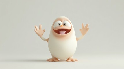 3D rendering of a cute and funny egg-shaped cartoon character with arms and legs, looking excited and cheerful with a big smile on its face. - obrazy, fototapety, plakaty