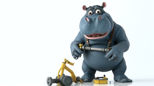 A cheerful blue hippo is standing, holding a pipe wrench and smiling. He is wearing suspenders and there are some tools scattered around him.