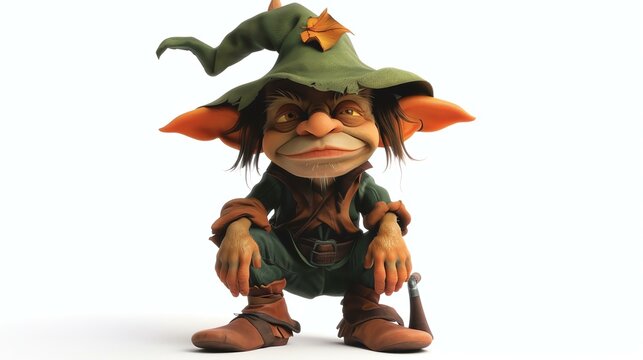 A whimsical 3D rendering of a squatting goblin. The goblin has green skin, a long crooked nose, and a sly expression on its face.