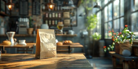 A solitary brown bag rests on a rustic wooden table, surrounded by a vase of delicate flowers and a potted houseplant, hinting at the peaceful and cozy indoor setting of a bustling city street - obrazy, fototapety, plakaty