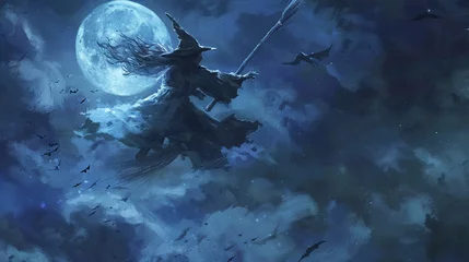 Fotobehang Wicked witch flying on a broomstick across a moonlit sky, her cackling laughter echoing in the night. © irfana