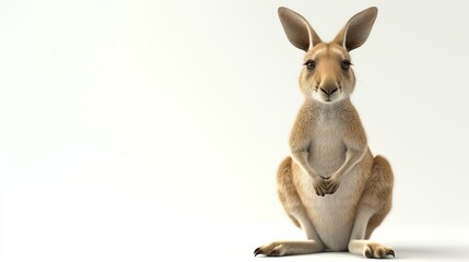 A kangaroo is sitting on a white background. The kangaroo is looking at the camera. It has a joey in its pouch. The joey is peeking out of the pouch. - obrazy, fototapety, plakaty