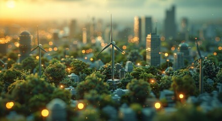 As the sun sets over the bustling metropolitan area, a solitary windmill stands tall amidst the towering skyscrapers, symbolizing the harmonious blend of nature and urban life in the cityscape