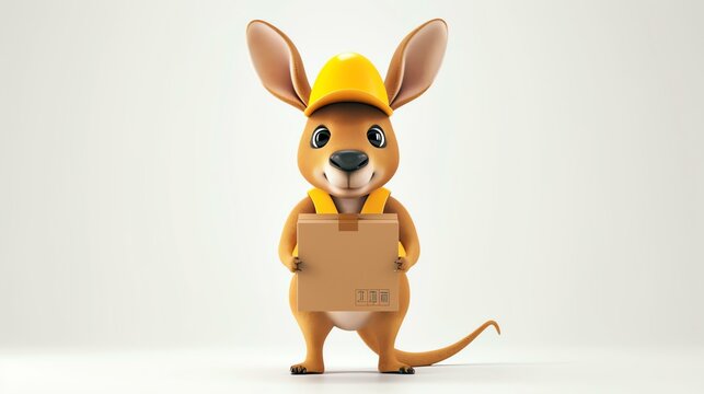 A cute and friendly kangaroo wearing a yellow hard hat and a reflective safety vest is standing on its hind legs and holding a brown cardboard box in