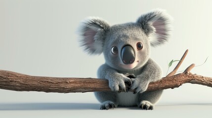 A cute and cuddly koala sits on a branch, looking at the camera with its big, round eyes.