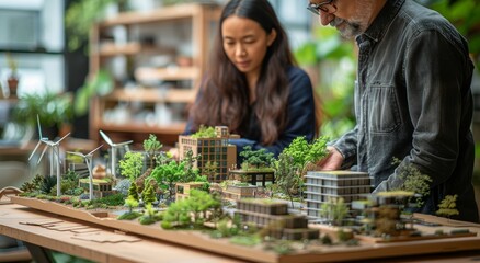 A woman and man gaze intently at a miniature cityscape, their clothing blending seamlessly with the lush greenery of the indoor garden, as they plan their dream home complete with a table adorned wit - obrazy, fototapety, plakaty