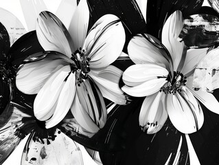 black and white floral elements. Monochrome flowers with curled petals on a black background.