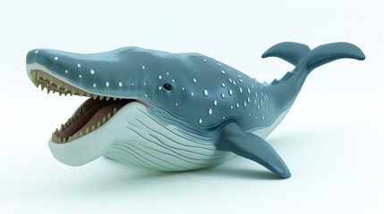 This is a 3D rendering of a cartoon whale. The whale is blue and white, has a large mouth with sharp teeth, and is smiling.
