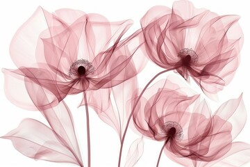 The flowers, in a soft and transparent visual style, float against a white background, emphasizing their ethereal presence. The petals are translucent, with varying shades of light pink.