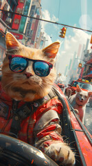 A cat in sunglasses leads in a car race with a competitive dog sprinting close behind through a bustling cityscape