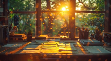 A tranquil moment captured through a screenshot, revealing the beauty of art amidst the streaming sun rays from the window, creating an indoor haven of light and productivity with scattered papers on - obrazy, fototapety, plakaty