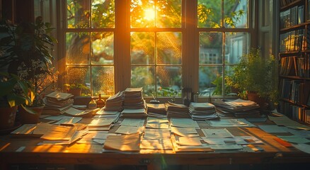 A tranquil indoor scene of a sunlit desk with scattered papers, a lush plant and a book, reminiscent of a peaceful greenhouse - obrazy, fototapety, plakaty