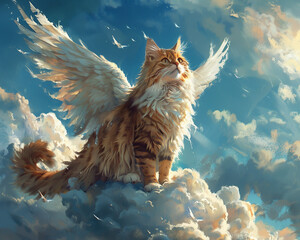 A regal cat with powerful wings standing atop a cloud overlooking the world below with a gaze full of wisdom and strength