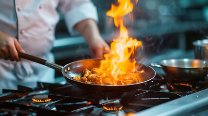 In the restaurant kitchen, the chef is using a pan on the stove to flame meals.