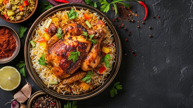 Top view of Chicken Mandy: Arab cuisine's national dish, chicken kabsa with rice mandi.
