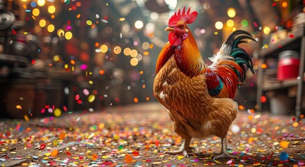 A majestic rooster stands amidst a sea of colorful confetti, exuding pride and strength as the king of the barnyard - obrazy, fototapety, plakaty