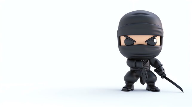 3D rendering of a cartoon ninja. The ninja is wearing a black suit and a black mask. He is holding a sword in his right hand.