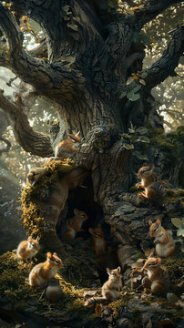 Beneath the old oak tree small animals sew magical costumes for a woodland ball their stories interlacing like fabric