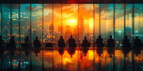 Obraz premium As the sun sets over the city, the group's reflections in the skyscraper's windows mirror their contemplative expressions, surrounded by the shimmering lights and stillness of the night