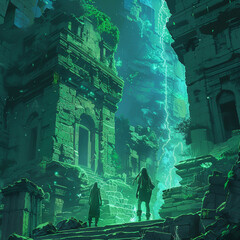 Cyber elves exploring ancient ruins using advanced algorithms to solve puzzles left by their ancestors safeguarding their history - obrazy, fototapety, plakaty