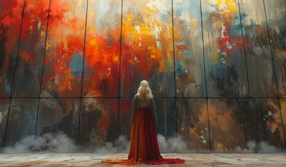 A striking woman adorned in a vibrant red dress stands boldly against a vivid, multi-hued wall, her form a living canvas in the world of modern art - obrazy, fototapety, plakaty