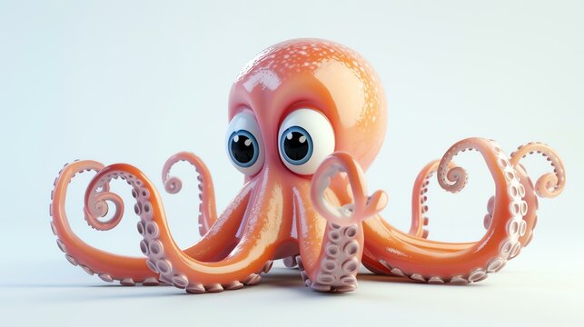Cute 3D octopus cartoon character with big eyes. Isolated on white background.