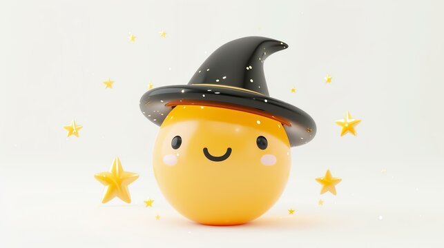 3D rendering of a cute and friendly wizard emoji wearing a tall, pointed hat.