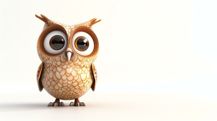 A cute and cuddly owl with big eyes and a fluffy body. It is standing on a white surface and looking at the camera with a curious expression.